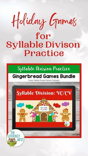 ☃️ Students love to practice syllable division rules through games! This syllable division resource has a gingerbread theme for your winter activities. Students will have fun practicing the seven different syllable division rules with these self-checking games in Google Slides Presentation! ⭐️Share in the comments if you’re using holiday-themed games this month! #tpt #teacherspayteachers #teachersofinstagram #iteach #teachergram #teachersoftpt #decodablereaders #Ortongillinghamresources #holiday