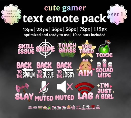 Gamer Text Emote Pack: Twitch, Discord Ready | 15 Emotes Each in 10 Different Colours - Etsy