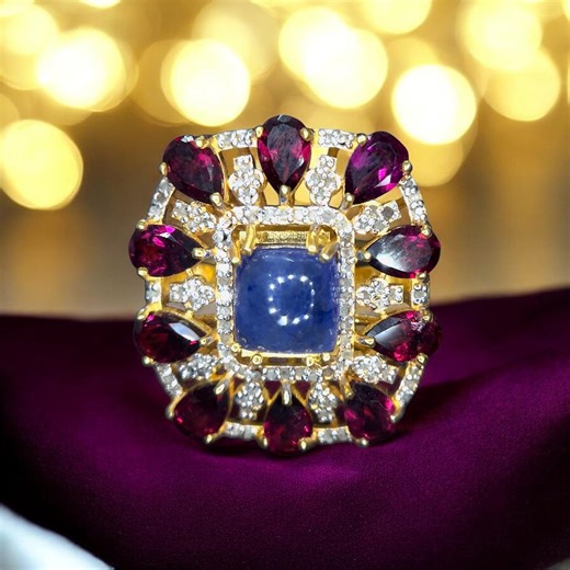 Tanzanite Rhodolite Diamond Ring | 18k Gold Plated Sterling Silver Cocktail Ring - Etsy