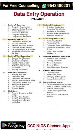 Nios Class 12 Data Entry Syllabus 2024
