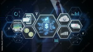 Businessman touching Fin-tech icon, Financial technology and various information icon.