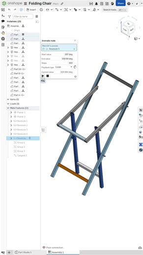Folding Chair Frame - Onshape - Motion Study #3d #cad #animation #design #assembly