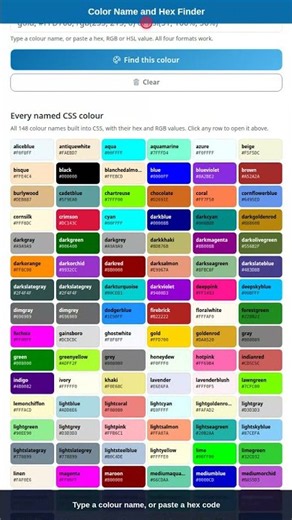 Color Name and Hex Code Finder - 148 CSS Colors #Shorts