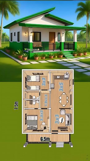 🌿 #fblifestyle A clean and practical 2-bedroom layout — just an idea you can adjust or add based on your own needs and preferences. Perfect for small families looking for a budget-friendly and space-efficient design. #SmallHome #2bedrooms #floorplan 🌿 Overall Dimensions: • Width: 6.5 meters • Length: 7.5 meters Room Dimensions: • Bedroom (Bottom Left): 3.5 × 3 meters • Bathroom / Hallway Area (Middle): 1.9 × 1.5 meters • Bedroom (Top Left): 3 × 3 meters • Living Area (Bottom Right): 3 × 3 mete