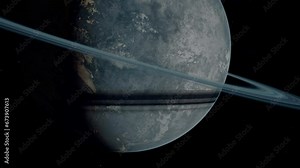 Blue barren hycean ice planet with frozen oceans and Rings in Space. 3D animation concept of cold alien world. Hostile surface conditions with possible ecosystem of liquid water under the surface.