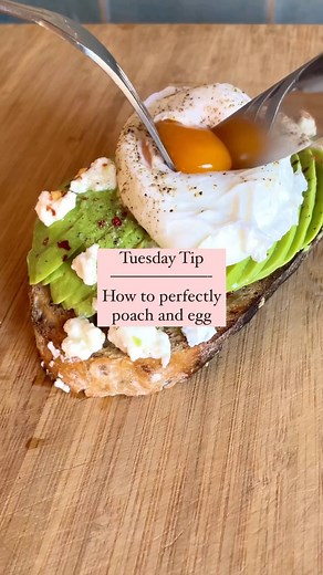 ~ TUESDAY TIP ~ How to perfectly poach an egg. 1. Bring a small pot of water to the boil. 2. Add a dash (~1tbs) of white vinegar and allow it to return to the boil. 3. Crack the eggs into a small dish, one at a time, and gently lower them into the boiling water, one at a time. Crack and add remaining eggs to the pot. *I’ve found that about 4 max at a time works well. 4. Let them cook, no stirring needed, for 3-4 minutes for a runny yolk. 5. Using a slotted spoon, lift the egg up and gentle press