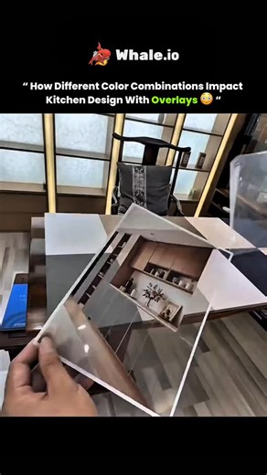Knowledge Matrix on Instagram: "A transparent overlay sheet with preprinted cabinet colors is placed over a kitchen design to visualize how different finishes transform the space. This method allows a direct comparison of multiple shades such as light tones that create a bright and open look, dark finishes that add depth and contrast, and dual tone options that balance warmth with modern style. Each overlay reveals how the cabinet color affects wall units, lower storage, and overall coordination