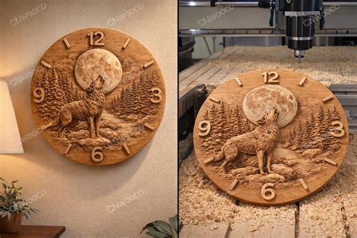 CNC Wolf Howling Moon Clock STL, Wall Clock File, Wood Carving Relief, Rustic Forest Wolf Clock, CNC Router File - Etsy