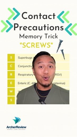 Here's an easy NCLEX mnemonic to help you remember the major conditions that require contact precautions: "SCREWS" 🔩 ✈️ Send this NCLEX memory trick to a future nurse who needs to see it! 😉 #nclextopics #nclexsuccess #nursesbelike #nurseintraining #nursingmnemonics #futurenurses | Archer NCLEX Review