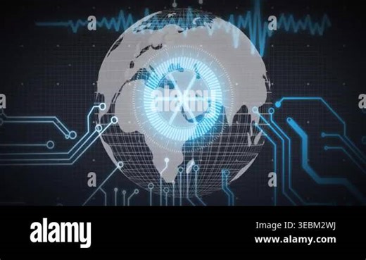 Pale blue HUD pulsing, wireframe globe rotating while circuit nodes lighting, showing network scan. Holographic, sphere, grid, cybernetic, digital, futuristic, monitoring Stock Video Footage - Alamy