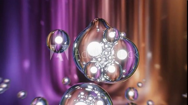 Abstract CGI Rendering of Bubbles Merging Against a Colorful Prism Background Displaying Fluid Forms and Glowing Orbs