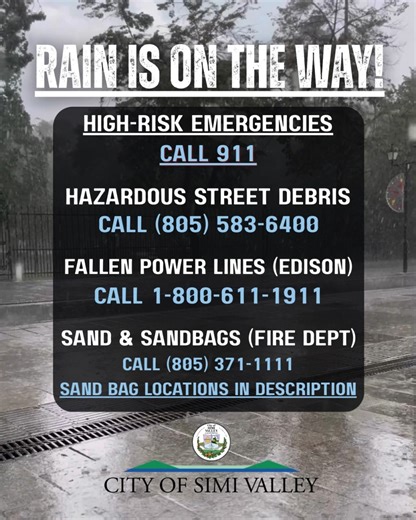 🚨 Storm Update for Simi Valley: Rain expected Tuesday through Saturday 🌧️ ⛈️ Heaviest rain: Tuesday night through Wednesday morning ⚠️ Flood Watch: Tuesday afternoon through Wednesday evening Don’t wait for the next storm to prepare. A few simple steps can help protect your home and neighborhood: ✔️ Clear gutters and nearby storm drains ✔️ Check drainage around your home ✔️ Pick up sandbags if you’re in a flood-prone area Free sand & sandbags are available at select Ventura County Fire station