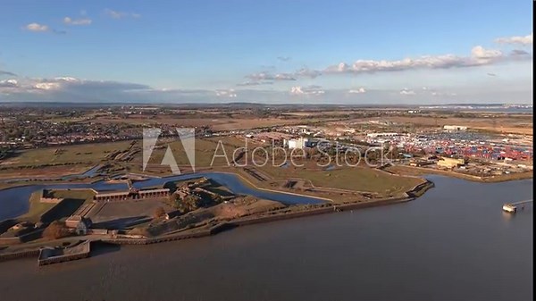 Tilbury fort coastal star shaped fortress aerial view overlooking River Thames marshland panorama
