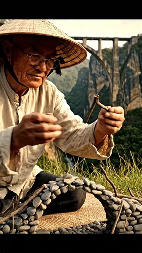 Artist on a Cliff Bridge Making a Mega Bridge Model