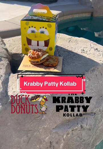 Are you ready, Vegas?! We are celebrating the 25th Anniversary of SpongeBob with the ultimate Krabby Patty Kollab! Go barnacles for our Donut Breakfast Sandwich - an egg, cheese and sausage sandwich served on a warm donut and topped with chopped bacon and maple icing with a hashbrown on the side! Limited-edition packaging available while supplies last! Exclusively sold at our Las Vegas location #krabbypattykollab #krabbypatty #duckdonuts