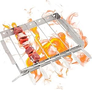 BBQ Dragon Stainless Steel Barbecue Skewers – Foldable Rack with 14 Inch Metal Sticks for Meat, Veggies and Seafood – Shish Kabob Set for Outdoor Grilling – Dishwasher Safe