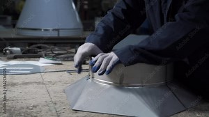 worker collects industrial kitchen hoods in metal production
