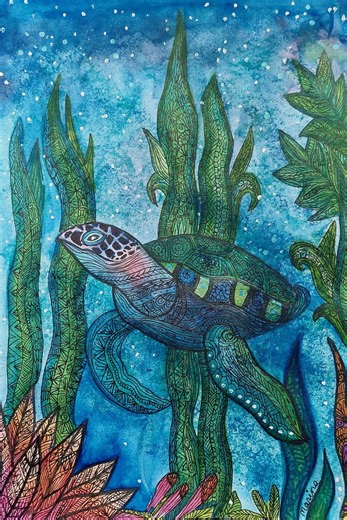 Sea Turtle Art Print: Original Watercolor Illustration, Animal Art, Mandalas and Zentangle Art, Wooden Frame. - Etsy