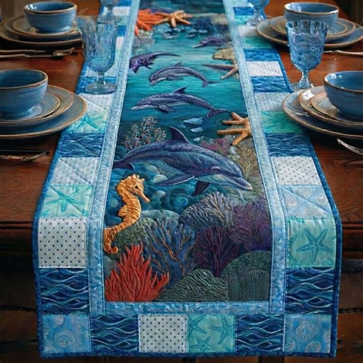Dolphin Ocean Table Runner Coastal Decor, Sea Life Table Runner, Nautical Beach Table Linen, Coral Reef Dining Decor, Summer Beach House - Etsy