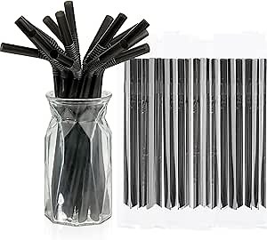 Tessco for you 300 Pcs 9.06 Inch Jumbo Smoothie Straws Large Bubble Tea Striped Plastic Straws Individually Wrapped Wide for Milkshake Juice Drinking(Flexible,Black)