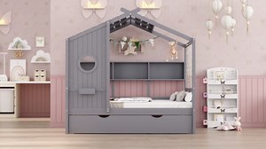 Twin Size House Bed with Trundle, Wooden Daybed Frame with Roof/Window/Guardrail and Storage Shelf for Kids, Teens Boys or Girls (Grey, Twin)