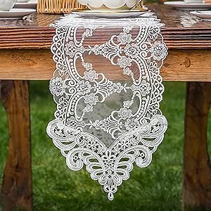 Hsvanyr White Lace Table Runner Embroidered Small Soft Dresser Cover Scarf Classic Rectangular Macrame Tablerunner Dining Room Dresser Decor,10inch by 27inch Table Dresser Scarf Décor