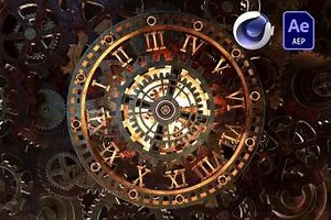 复古科技科幻齿轮时钟旋转循环C4DAE_C4D模型下载