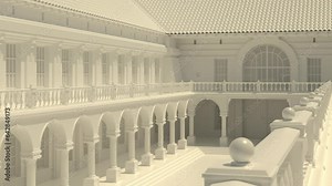 Italian palace in Bologna style. Vintage building with balcony and columns, clay 3d render with smooth camera movement. Generic architecture with pastel colors.