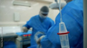 Close up isolated dropper of intravenous drug infusion system against the backdrop of a team of surgeons. IV drip during surgery to remove a cancerous tumor. Operating room in the hospital.