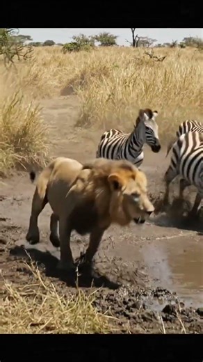 lion chases zebras on water hole #nature