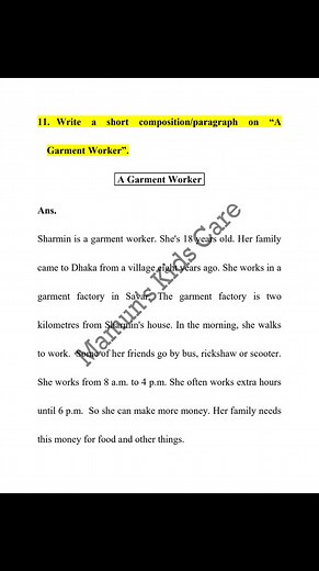 4.9K views · 24 reactions | 11. Write a short composition/paragraph on "A Garment Worker". | Mamun's Kids Care | Facebook