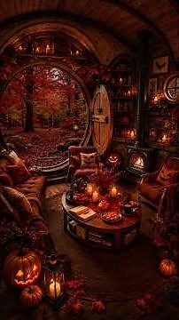 Spooky Autumn Night at Rustic Hobbit Cottage 🎃 | Halloween Jazz Music & Fireplace Crackles