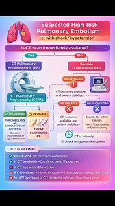 In high-risk PE, time is critical → mortality is high if untreated. • Do NOT delay reperfusion therapy waiting for CT if patient is unstable and signs of PE are strong. • Echo is not diagnostic, but used as quick support for decision-making when CT is not immediately possible. High-risk PE (shock/hypotension) → If CT available → Confirm, treat if positive If CT not available → Echo RV overload no other cause → Thrombolysis/Embolectomy justified No RV overload or CT negative → Search for other ca