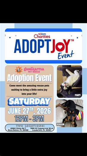 Today’s the day! 🎉 Come meet some incredible rescue dogs & cats looking for their forever families at our PetSmart Charities Adopt Joy Event! 🐶🐱❤️ 📍 Two Locations 🐾 PetSmart Boca Raton 🐾 PetSmart Lauderhill ⏰ 12 PM – 3 PM TODAY Whether you’re ready to adopt or just want some puppy kisses and kitty cuddles, we’d love to see you! 🥰 Can’t make it? Please share this post to help our rescue pets find their families. ❤️🐾 #AdoptJoy #AdoptDontShop #GoodKarmaPetRescue #RescuePets #CapCut
