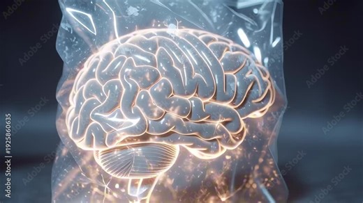 A floating vacuum-sealed transparent plastic bag realistic human brain inside. brain intricate neural connections visible, glowing faintly. bag rotates slowly air no visible strings support, soft mist