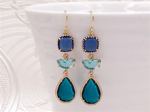 Blue and Teal Earrings- Glass Crystal Aqua Cobalt Drop Boho Ocean Beach Party Mermaid