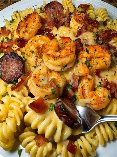 Cheesy Shrimp, Bacon & Sausage Pasta 🍤🥓🍝 Ingredients: 1 pound (450g) pasta (penne, rotini, or your preference) 1 pound (450g) large shrimp, peeled and deveined 8 ounces (225g) bacon, diced 1 pound (450g) Italian sausage, removed from casings 1 medium yellow onion, chopped (about 1 cup/140g) 4 cloves garlic, minced 1/2 cup (120ml) heavy cream 1/4 cup (60ml) dry white wine (optional) 1/2 cup (50g) grated Parmesan cheese, plus more for serving 1 cup (approximately 225g) shredded cheddar cheese 1