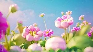 3d Animation cartoon happy spring flowers in blue sky. Fresh Green grass and pastel summer spring landscape Animated background colorful spring flowers. Colorful summer garden with sunlight shining 4k