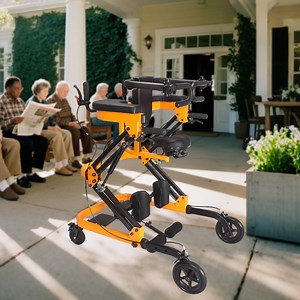 Standing Walker with Seat and Armrest for Seniors, Foldable Standing Frame with Wheels, Adjustable Upright Walkers for Seniors for Rehabilitation and Mobility Support, 74 lbs