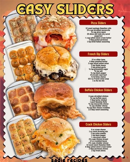 🍔💫 Easy Sliders – Beginner Friendly & Totally Irresistible! 😋 Mini buns, melty cheese, and mouthwatering fillings… these sliders are everything you need for a quick and crowd-pleasing meal! 🙌 Whether you’re cooking for family or friends, these 4 slider recipes are fail-proof and packed with flavor! 💛 🍕 1️⃣ Pizza Sliders All the cheesy pizza flavors baked into a soft, pull-apart slider! 🍅🧀 Ingredients: 12 slider buns (Hawaiian rolls are perfect!) ½ cup pizza sauce 🍅 1 ½ cups shredded moz