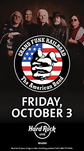 1K views · 322 reactions |  Get ready, Biloxi! Grand Funk Railroad is rolling into Hard Rock Live on October 3! ✨ ️ Tickets are selling FAST! Snag your tickets now and save BIG — use code CPTN20 for 20% OFF tickets on until September 15th! Don’t miss this legendary night of rock ‘n’ roll! https://bit.ly/45XjbBy | Hard Rock Hotel & Casino Biloxi | Facebook