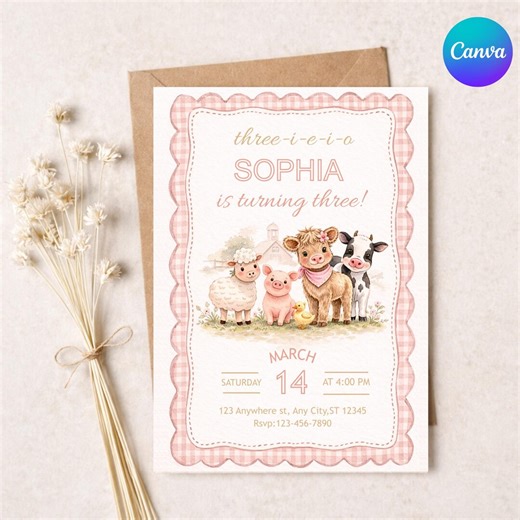 Editable Pink Farm Birthday Invitation Three-i-e-i-o Third Birthday Invite, Farm Animal Third Birthday Girl, Pink Gingham Barnyard Party - Etsy