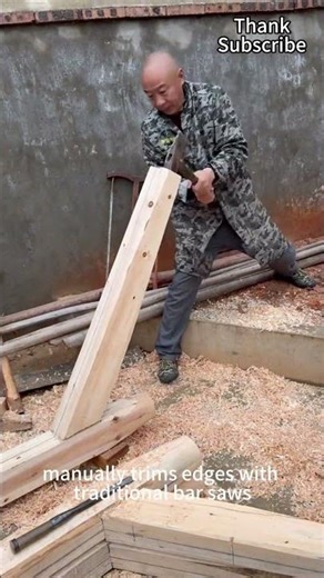 Carpenters join mortise and tenon joints and trim by hand using traditional saws