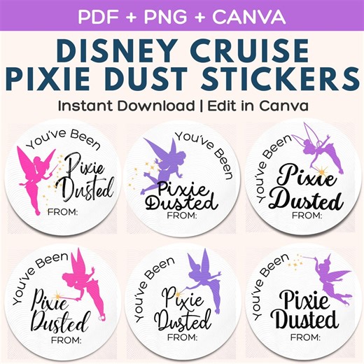 Pixie Dust Stickers Disney Cruise Editable Canva | Pink Purple Fairy Fish Extender Gifts | 2 Inch Circle Labels | Instant Download PDF PNG - Etsy