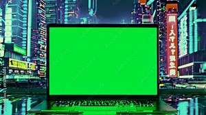 Laptop opening monitor with blank green screen to replace your photo, text or banner for advertising on Hi-Tech city background.