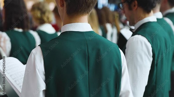 Church choir concert in cathedral, choral artists singing, group of European boys and girls singing in a chorus, students and choristers in white and green uniform performing on stage with conductor