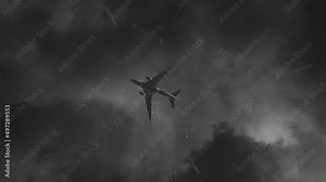 The plane flying in the rain.The plane flying under dark clouds on a rainy day 3D rendering