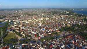Aerial view of the Stone Town, old part of Zanzibar City, main city of Zanzibar, Tanzania from above, Africa, Indian Ocean, 4k UHD