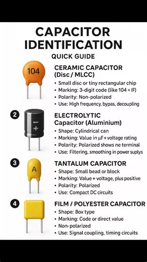 sachin sir on Instagram: "Capacitor identification made simple. Know the type, marking, polarity, and use at a glance. Very useful for ITI Electrician students and beginners in electronics. #CapacitorIdentification #ElectronicComponents #ITIelectrician #ElectricalBasics #ElectronicsFundamentals #CapacitorTypes #TradeTheory #ElectricalTraining #TechnicalEducation #Polytechnic"