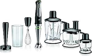 Braun 5-in-1 Immersion Hand Blender, Powerful 700W Stainless Steel Stick Blender, Variable Speed + 6-Cup Food Processor, Ice Crusher, Whisk, Beaker, Masher, Faster, Finer Blending, MultiQuick MQ9097